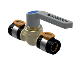 Geberit FLOWFIT kugleventil 50mm vist fra siden, med detaljeret visning af L-greb og koblingsmekanismer.