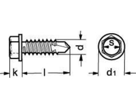 Teknisk tegning af rustfri A2 pladeskrue med borespids og 7mm udvendig sekskant, 4,2x19mm.