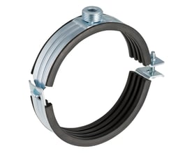 Geberit rørbærer med gummiindlæg til 56 mm rør, lavet af metal og gummi med justeringsskrue.