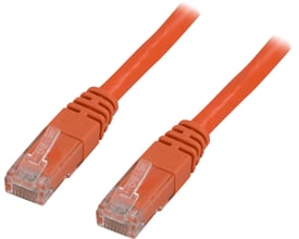 Orange Deltaco Cat6 patchkabel på 2 meter med støbte RJ45-stik, halogenfri og U/UTP-skærmning.