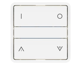 Shelly 4-key Switch ST med LK FUGA-design og svagstrømstangent i hvid, viser fire trykflader med ikoner for on/off, op og ned.