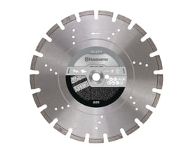 Husqvarna Vari-Cut S85 diamantklinge på 350mm, optimeret til asfalt med sølvserie mærke og diverse certificeringsikoner.
