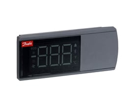 Danfoss AK-UI55 Info fjernbetjent display med sort skærm og grå kappe, vist på hvid baggrund.