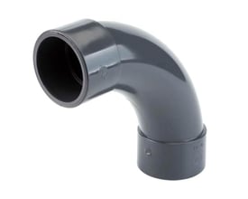 Grå TP PVC-U blød bøjning 90 grader med klæbemuffe, diameter 50 mm, trykklasse PN16.