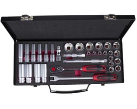 Tecos 3/8" topnøglesæt med 39 dele, inklusive korte og lange Superlock toppe i en åben sort metalkuffert.