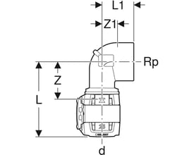 Teknisk tegning af Geberit FlowFit 90° bøjning med 16mm pres-ende og 1/2" indvendigt gevind, viser dimensioner.