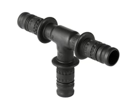 Geberit Mepla T-stykke i sort plast, med dimensioner 20mm til 16mm og 16mm, isoleret med muffesamling på hvid baggrund.