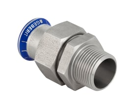 Geberit Mapress rustfri union med 35 mm presnippel og 1¼" R-gevindnippel, fremstillet i syrefast stål med blå mærket omløber.