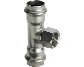 Viega Sanpress Inox t-stykke med dimensionerne 22 x ½" x 22 mm, fremstillet af rustfrit stål med presmuffer og en gevindmuffe.