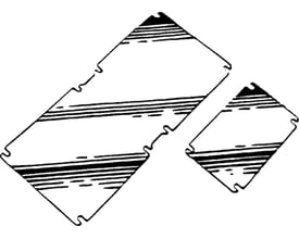 Skematisk tegning af Fibox montageplader i forskellige størrelser, der illustrerer deres form og udskæringer.