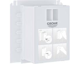 Grohe inspektionsskaft i hvid plast til trykplader, viser monteringsdetaljer og mål.