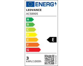 Energimerket for Ledvance LED PIN matt G9-pære viser energiklasse E og et forbruk på 3 kWh per 1 000 timer.