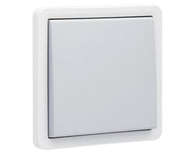 Niko korrespondanceafbryder i grå med IP55-klassificering og en hvid ramme, designet til udendørs brug.