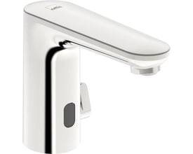 Oras Electra 9260FZ berøringsfrit håndvaskarmatur i krom, med synlig sensor og Oras logo. Armaturet er klassisk designet med en rund base og en lang tud.