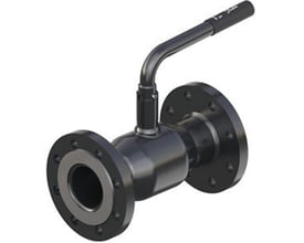 Danfoss kuglehane DN 80 PN16 med høj spindel og sort stålgreb, vist fra siden med flange-tilslutninger.