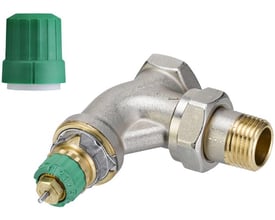 Danfoss RA-DV 15 vinkelløb radiatorventil med aftagelig grøn indstillingshætte, vist med og uden hætten.