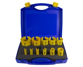 PRO-FIT Multi Purpose HM hulsav EL-sæt med 8 dele, åbent blåt kuffert med gul indretning, der viser de 5 forskellige hulsave og 3 centerbor.
