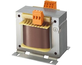 ABB kontroltransformer TM-C 320/115-230, 320VA, med orange klemrækker og synlig kobbervikling på metallisk bundmonteret chassis.