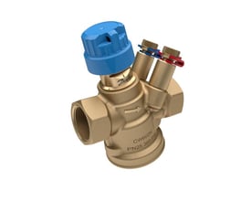 Danfoss AB-QM 4.0 DN 15 trykuafhængig flowbegrænser og reguleringsventil i messing med blå top og målenipler.