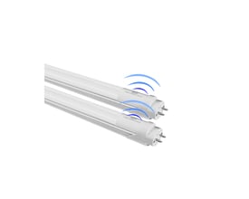 LEDlife SENS120M T8 LED-rør med G13-sokkel og mikrobølgesensor, vist på skrå med blå bølger, 18 W og 4000 K.