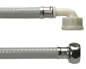 Grå NEOPERL vaskemaskineslange, 2500 mm lang, med en lige 1/2" omløber og en vinklet 3/4" omløber. PVC-materiale.