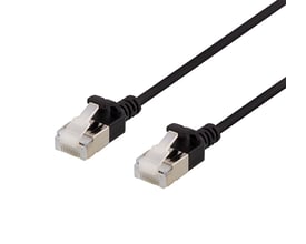 DELTACO U/FTP Cat6a patchkabel, 2 meter i sort med tyndt design og RJ45 stik i begge ender.