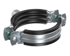 Nærbillede af Walraven 2S rørbøjlen, viser samlingen med skruer og elforzinket overflade samt det sorte EPDM gummibelægning.