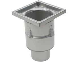 Blücher industriafløb i rustfrit stål med 200x200 mm ramme og lodret 110 mm udløb, vist fra siden.