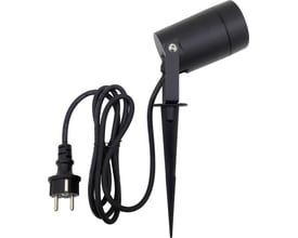 Nordtronic Spike havespot i mat sort med spyd og ledning med stikprop, isoleret på hvid baggrund.