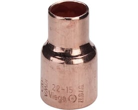 Kobber loddemuffe fra Viega, med dimensionerne 22-15 mm, viser den ubehandlede overflade og certificeringer.