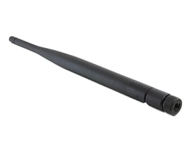 Svart DeLock WLAN-antenne med 5 dBi, RP-SMA-plugg og ledd, vist diagonalt med pluggen foran.