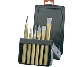 Bahco mejselsæt med 6 dele i ovnlakeret stål, inklusive dorn og mejsler i sort opbevaringskuffert.