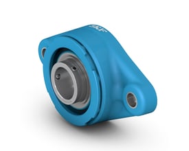 SKF Food Line lejeenhed F2BC 20M-TPSS i blå kompositmateriale med rustfri stålindsatsleje og synlige monteringshuller.
