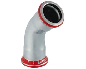 Geberit Mapress 108mm FZ bøjning med 45 graders vinkel, viser muffe til muffe samling og rød indikatorring.