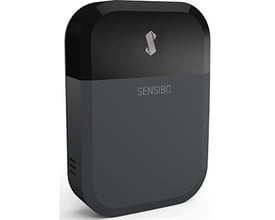Sensibo Sky WiFi-enhed i sort, der gør varmepumper smarte med et minimalistisk design og logo.