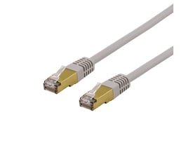 Deltaco S/FTP Cat6a patchkabel i grå, 5 meter, med gyldne RJ45-stik og LSZH-materiale.