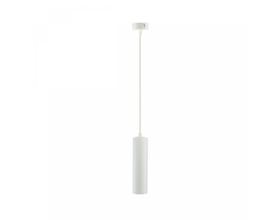 Samlet Spectrum Madara Mini II pendellampe i hvid med et langt hvidt ophæng, monteret på en hvid roset.