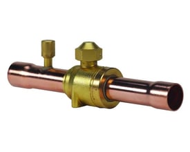 Danfoss GBC 6s kuleventil med messinghus, kobberender og betjeningsgrep for 1/4-tommers loddetilkobling.