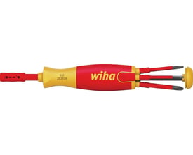 Wiha LiftUp electric skruetrækker med 6 slimBits TORX i rød og gul, med integreret bitmagasin i håndtaget.
