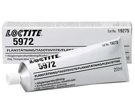 Loctite 5972 flangepakning i 200 ml tube, med kartonen som baggrund, viser produktnavn og specifikationer.
