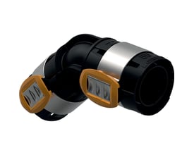 Geberit FlowFit 45° bøjning, 50mm, sort PPSU, detaljeret billede der viser klik-samlingen med orange låseclips.