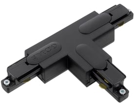 GLOBAL trac® 1-faset T-stykke højre i sort aluminium og plastic med messingkontakter og skruer på en hvid baggrund.