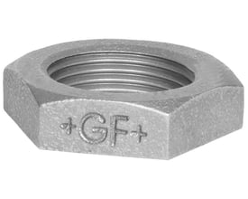 Georg Fischer galvaniseret kontramøtrik i blødstøbt materiale med 1¼" gevind og "GF+" logo.