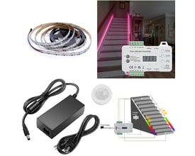LEDlife RGB LED-stripssett til trapp, 2 x 5 meter, vist med ruller, styring og strømforsyning samt rosa lys i en trapp.