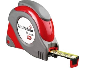 Hultafors BT målebånd 8 meter med gult, mat stålbånd og beskyttende røde gummiområder. Båndet har metermarkeringer og en bremsefunktion.