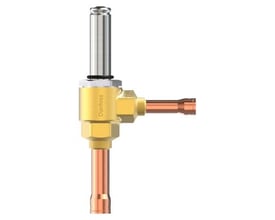 Danfoss AKV 10P4 elektrisk ekspansionsventil med 3/8" ODF tilgang og 1/2" ODF afgang i messing og kobber.