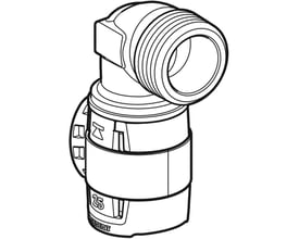 Geberit FlowFit 90° bøjning med 20mm muffe og 1/2" udvendigt gevind, i blyfri rødgods, vist som teknisk skitse.