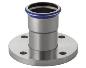 Geberit Mapress overgangsflange i rustfrit stål, 108mm, med pressemuffe og blå markering, vist forfra.