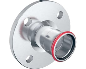 Geberit overgangsflange med prestilslutning for 35mm rør. Den har en forzinket stålfinish og en synlig rød O-ring, klar til presning.