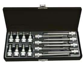 Tecos torxtopsæt i metalæske med 14 dele, viser både korte og lange T-toppe fra T15 til T50 på 3/8" fatning.